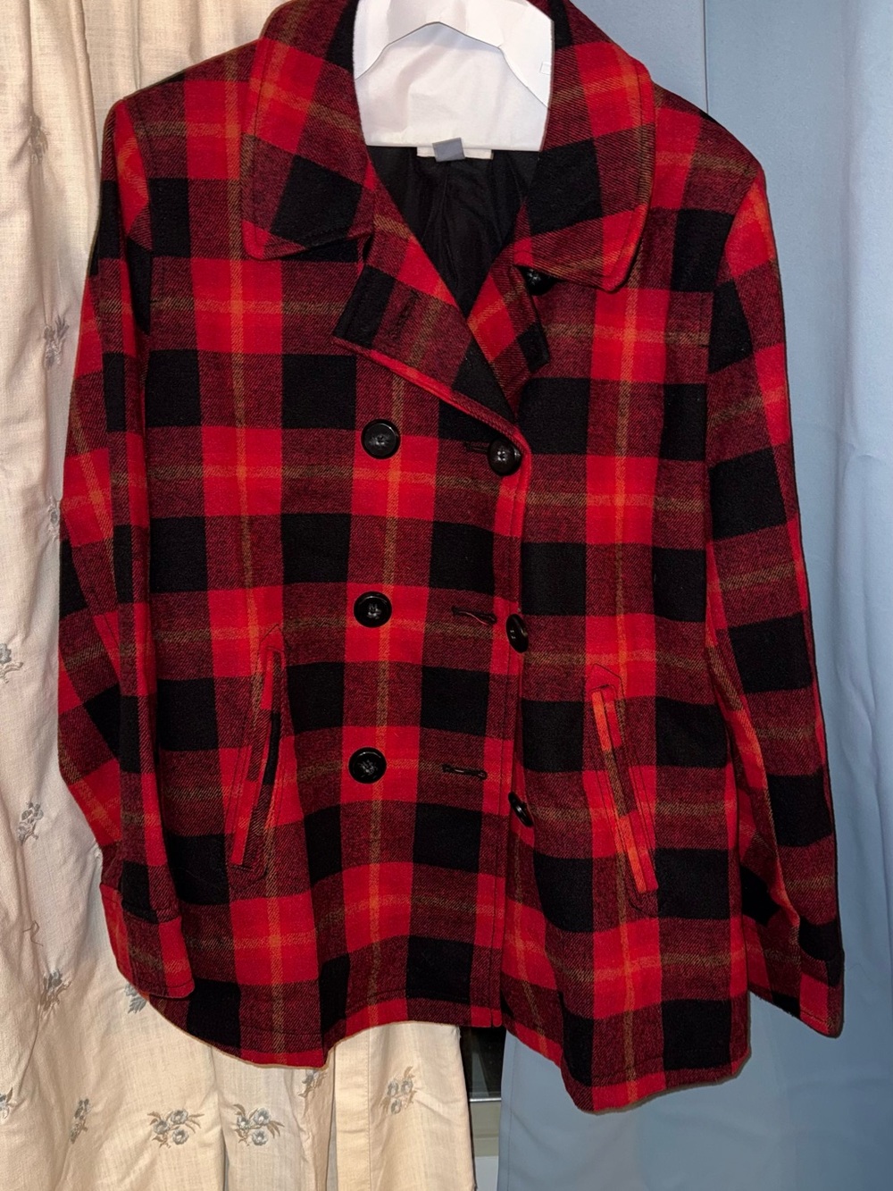 Old Navy Red and Black Plaid Peacoat